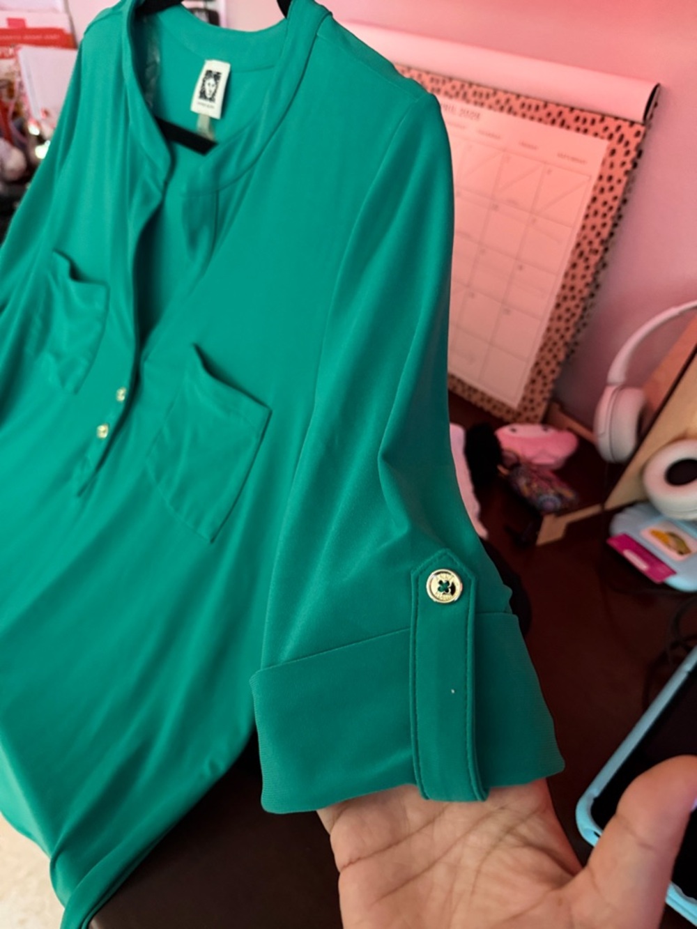 Anne Klein Teal Split-Neck Twin-Pocket Tunic - Picture 4 of 4